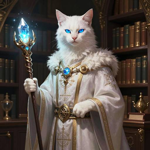 Digital artwork of a white cat with glowing blue eyes, wearing a white, fur-trimmed wizard robe, holding a staff with a blue crystal,