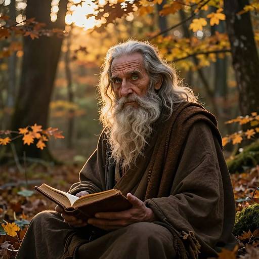 Photograph of an elderly, white-bearded man with long gray hair, dressed in a brown robe, reading an open book in a sunlit autumn