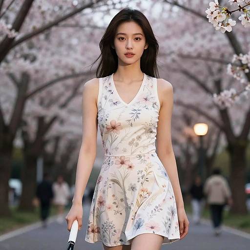 Slim Woman in Floral Tennis Dress