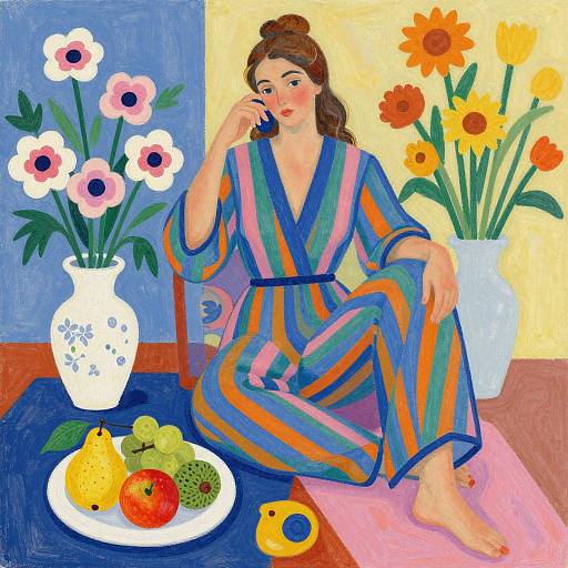 Fauvist-style painting of a woman in colorful striped robe, sitting on pink rug, talking on phone, surrounded by flowers and fruit.