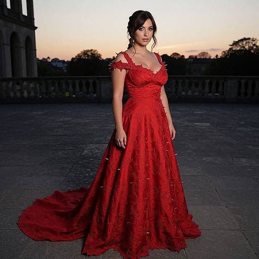 Photograph of a dark-haired woman in a red, lace, off-shoulder, floor-length evening gown with a long train, standing on a