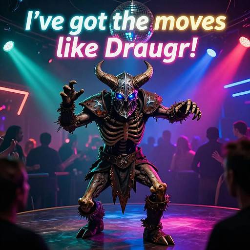Photograph of a horned, armored demon with glowing blue eyes performing on a neon-lit stage, surrounded by a cheering crowd, with bold text