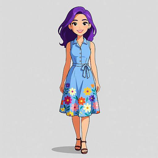 Digital illustration of a smiling woman with purple hair, wearing a sleeveless light blue dress with colorful floral patterns and black sandals, standing against a white background