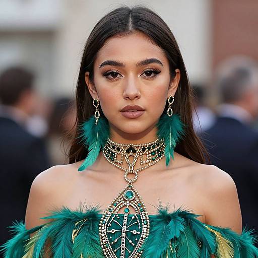 Photograph of an Asian woman with long black hair, wearing a green and gold feathered outfit, elaborate necklace, and earrings, standing confidently in a