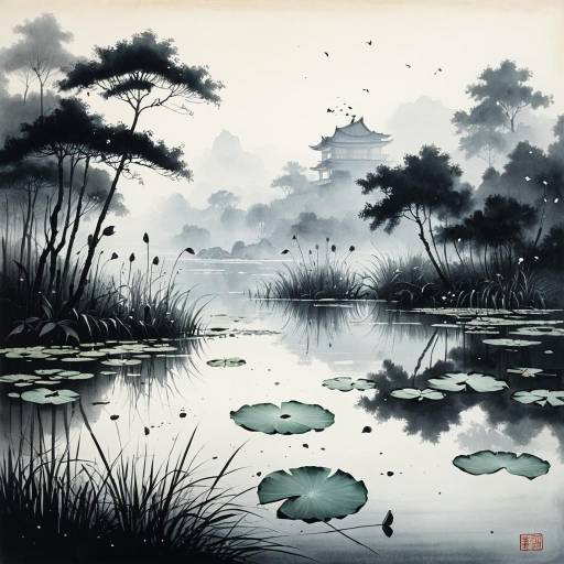 Chinese Brush Painting of Lotus Pond in Mist Chinese Brush Painting of Lotus Pond in Mist