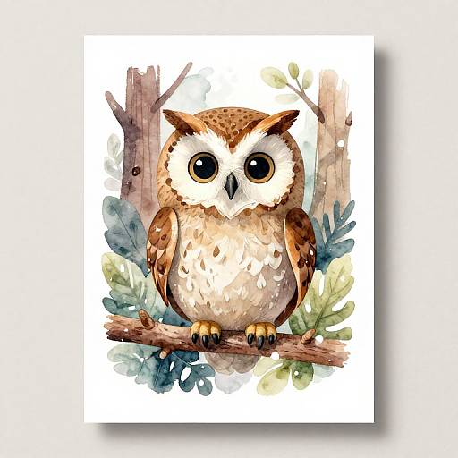 Watercolor illustration of a cute, wide-eyed brown and white owl with large black eyes perched on a branch with green and blue leaves.