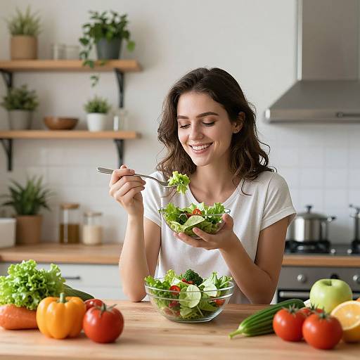 Photograph of a smiling young woman with curly brown hair in a white t-shirt, eating a salad from a glass bowl in a bright, modern kitchen