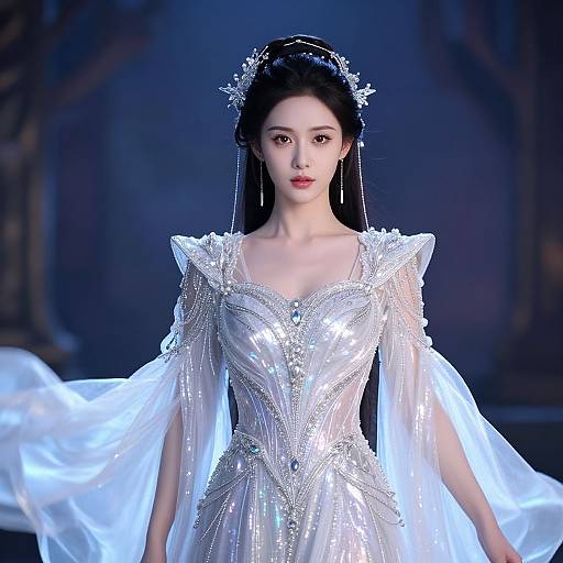 Photograph of an elegant East Asian woman in a shimmering, silver-sequined gown with white, flowing sleeves and a delicate silver crown, walking
