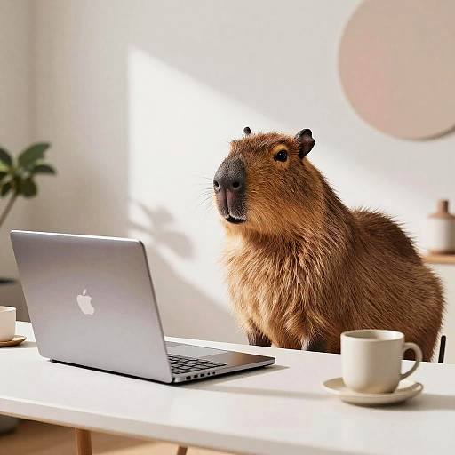 Photograph of a large, brown, fluffy opossum sitting at a white desk with a silver laptop, two white cups, and sunlight streaming in