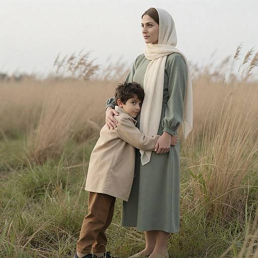 Woman and Boy Embracing in Field