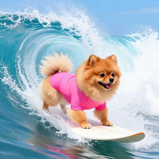 Digital artwork of a fluffy, orange Pomeranian wearing a pink shirt surfing a large, blue ocean wave with white foamy splashes.