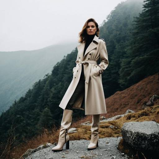 Woman in Beige Trench Coat and High Heel Boots on Mountain Ridge