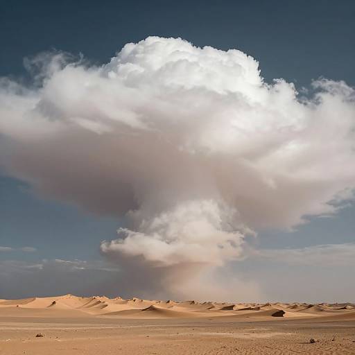 Photograph of a vast desert with rolling sand dunes under a dramatic, white cumulus cloud against a deep blue sky.