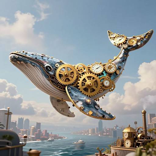 Steampunk whale with golden gears and clockwork mechanisms soaring above a city skyline with ships and skyscrapers in the background. Digital art.