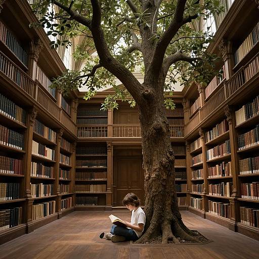 Photograph of a young person with brown hair, white shirt, and dark pants, sitting under a large tree in a dimly lit, wooden library