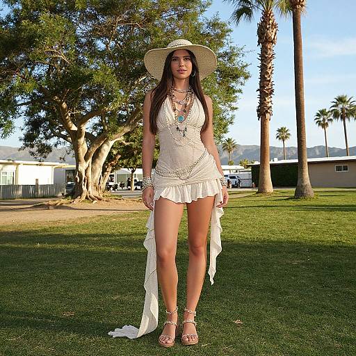 Photograph of a young woman with long brown hair, wearing a white lace dress, sunhat, layered necklaces, and sandals, standing on grass