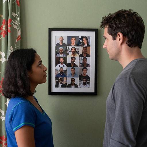 Man and Woman Viewing Photo Collage Indoors
