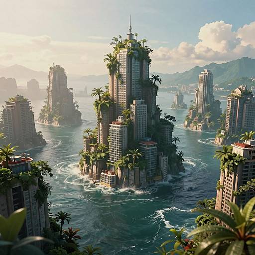 Digital artwork of a futuristic cityscape with towering, jungle-covered skyscrapers rising from a blue ocean, surrounded by lush greenery and mountains under a