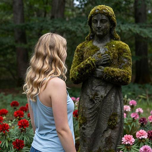Blonde Woman with Statue in Enchanting Forest
