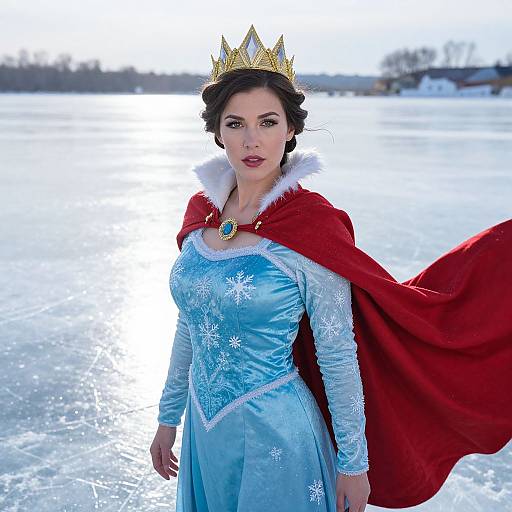 Photograph of a woman with fair skin, dark hair, wearing a blue icy princess dress, red fur-trimmed cape, and gold crown,