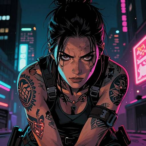 Cyberpunk digital art: intense woman with dark hair in messy bun, tattoos, black tank top, and straps, leaning forward in neon-lit