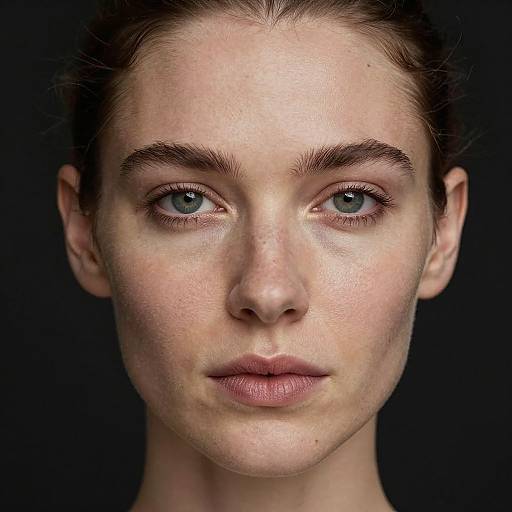 Photograph of a fair-skinned woman with blue eyes, brown hair, and natural makeup, staring directly at the camera against a black background.