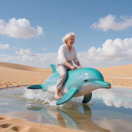 Elderly woman with white hair rides a blue toy dolphin through a desert oasis, bright blue sky with fluffy clouds.