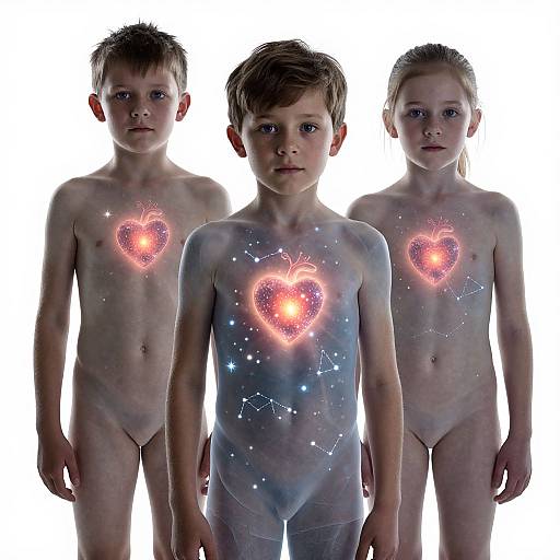 Photograph of three nude young boys with glowing heart and star patterns on their chests, standing against a white background.