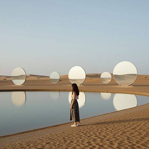 Photograph of a child with long black hair, wearing a black dress, standing beside a reflective water pool in a desert, with large white circular mirrors
