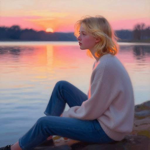 Photograph of a blonde woman in a white sweater and blue jeans sitting by a serene lake during a vibrant sunset.