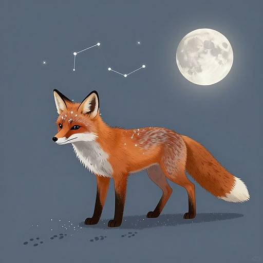 Digital illustration of a red fox with white underbelly and black-tipped ears, standing under a bright full moon against a blue night sky with a