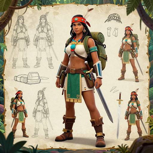 Digital character design of a Native American warrior woman with dark skin, red bandana, green and white tribal outfit, backpack, sword. Sketches and