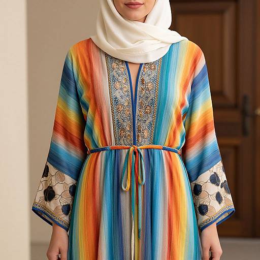 Photograph of a woman in a vibrant, rainbow-striped dress with blue and orange patterns, intricate embroidered sleeves, and a white hijab, standing in