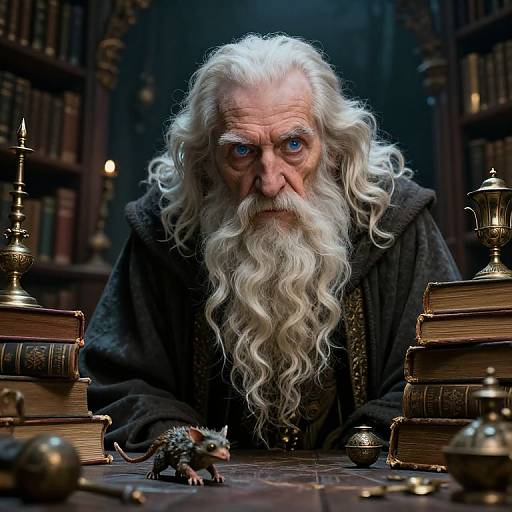 Photorealistic CGI of an intense, elderly wizard with long white hair and beard, surrounded by books, candles, and a mouse on a dark wooden