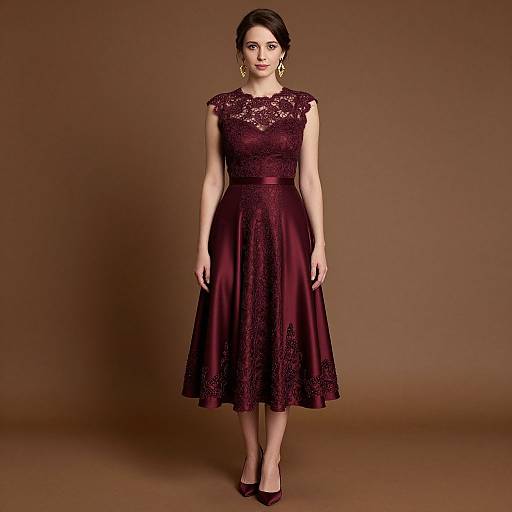 Photograph of a fair-skinned woman with dark hair in an elegant, sleeveless, knee-length, deep burgundy lace dress and black heels,