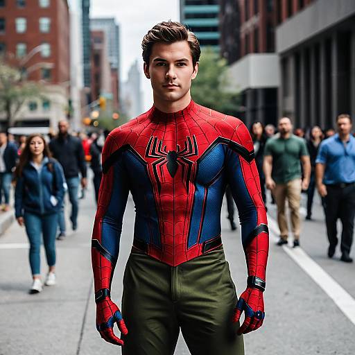 Cosplayer in Spider-Man Suit on City Street
