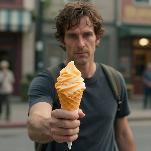Photograph of a curly-haired man in a black t-shirt holding an orange swirled ice cream cone, extending it towards the camera on an urban