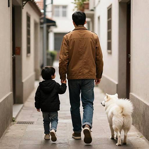 Sunlit Alley Encounter: Man and Child