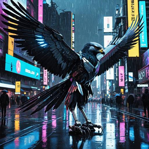 Cyberpunk Titanium Hawk Robot on Rainy City Street