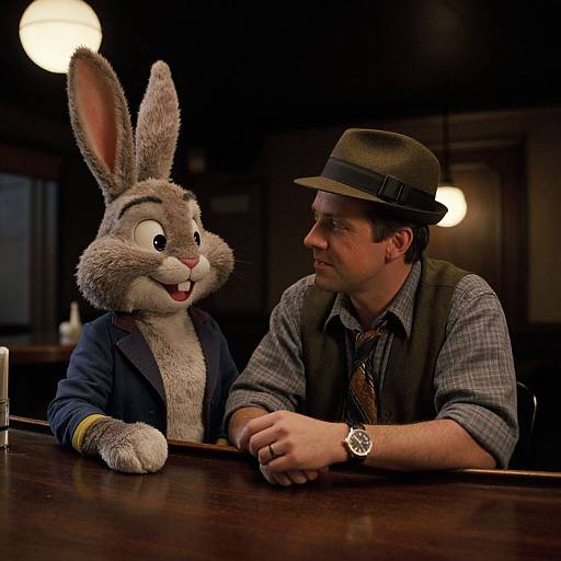 Photograph of a CGI anthropomorphic grey bunny in a blue blazer conversing with a human man in a hat and glasses, both sitting at a