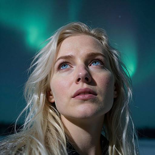 Photograph of a young blonde woman with blue eyes, looking upwards, illuminated by green aurora lights, with a dark, blurry background.