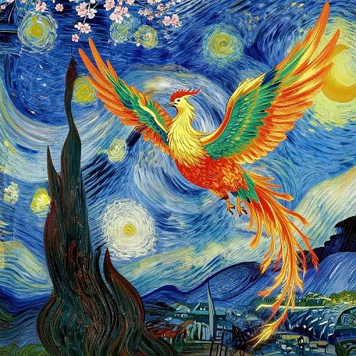 Vibrant digital painting of a phoenix with fiery red, orange, green, and yellow feathers soaring against a swirling blue night sky, inspired by Van