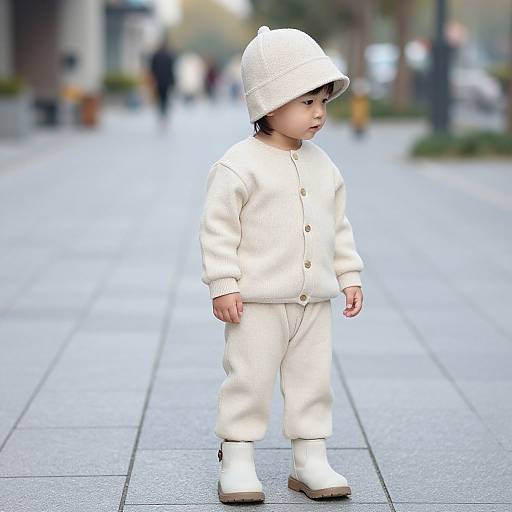 Child in Beige Outfit on Sidewalk