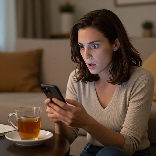 Photograph of a surprised brunette woman in a beige sweater, holding a black phone, looking at it intently, with a glass of tea on a