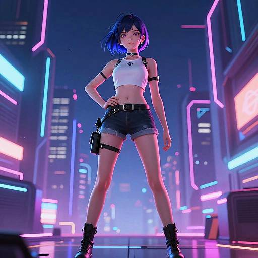 Digital anime-style illustration of a confident, blue-haired woman in a white crop top, black shorts, and boots, standing in a neon-lit futuristic
