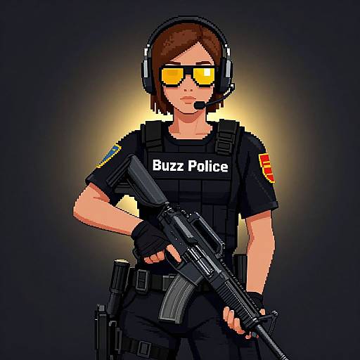 Pixel art of a female Buzz Police officer with brown bob haircut, yellow sunglasses, black tactical gear, and holding a rifle.