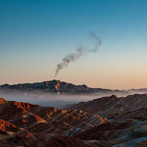 Photograph of a mountain range at sunrise, with a plume of dark smoke rising from the peaks, surrounded by mist and colorful, rugged terrain.