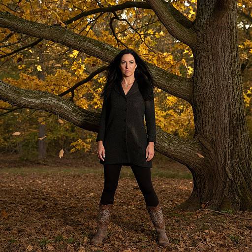 Photograph of a woman with long black hair, wearing a black coat, black pants, and brown boots, standing in front of a large tree with