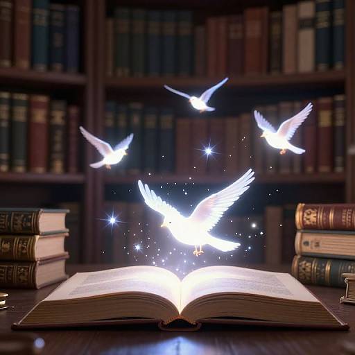 Photograph of an open book on a wooden table with glowing white doves emerging from it, surrounded by stacked books and bookshelves in the background