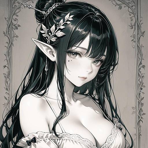 Monochrome Fantasy Elf Girl Portrait